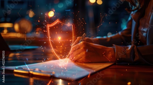 A business signing a liability insurance policy, with a protective shield glowing around it. --ar 16:9 --v 6 Job ID: 302fa1c9-de30-4275-8ac7-12f171b88dd4