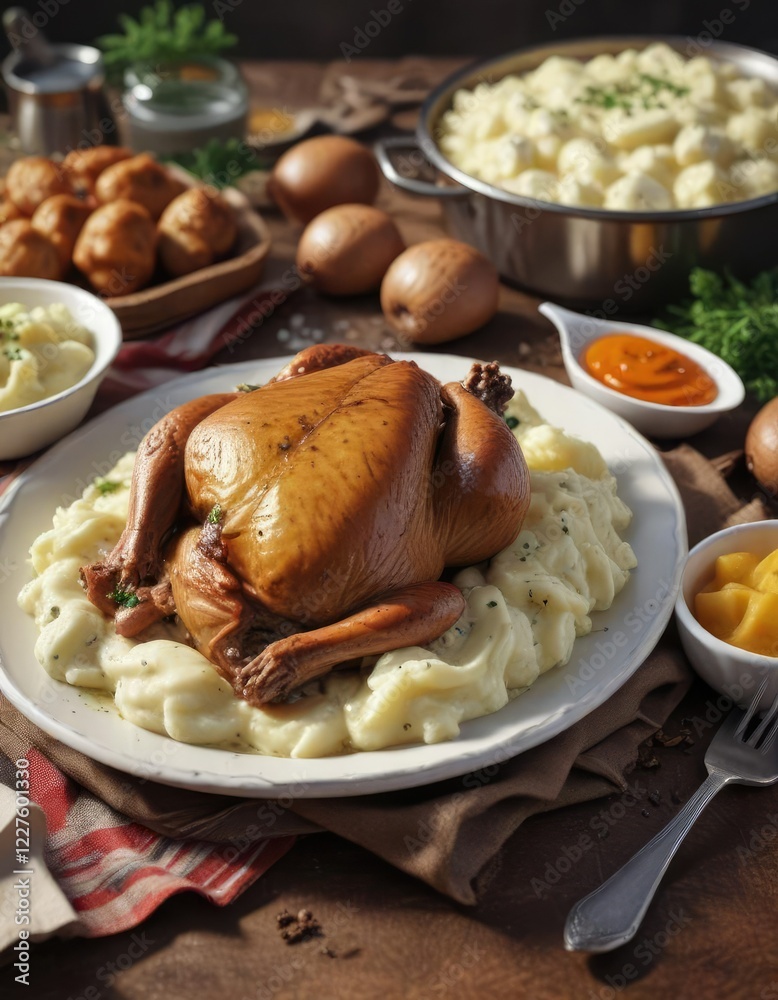 Gravy and mashed potatoes on the side of the turkey , hearty, autumnal, mashed potatoes Gravy and mashed potatoes on the side of the turkey , hearty, autumnal, mashed potatoes