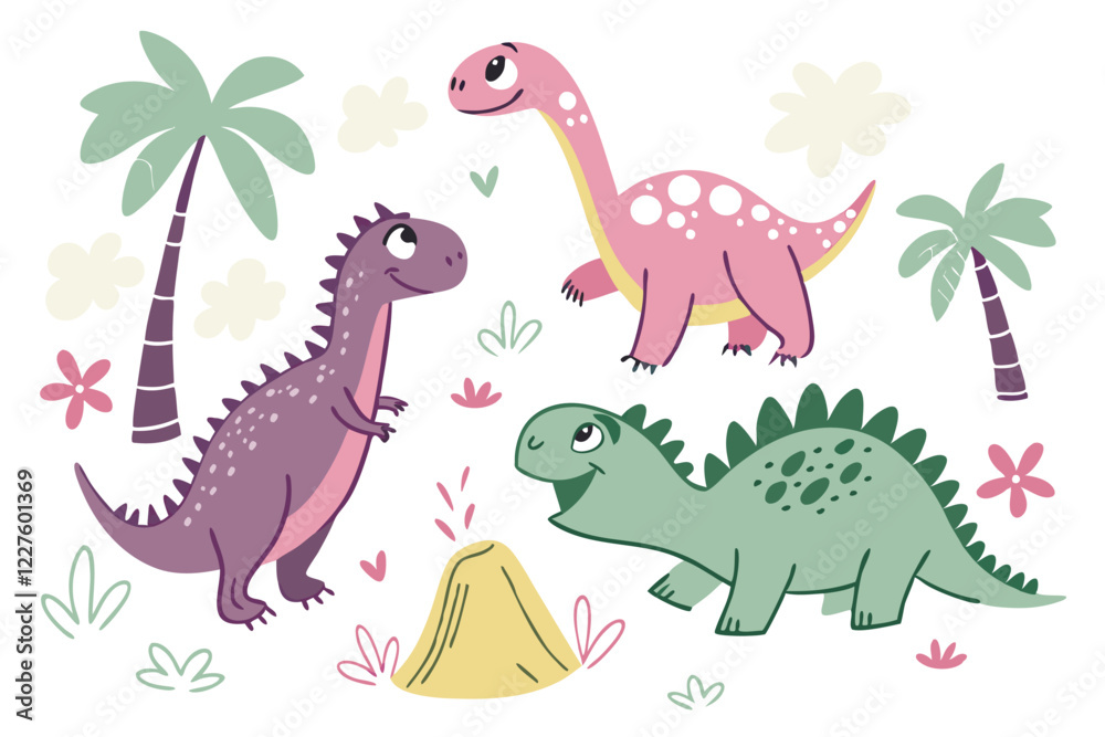 Obraz premium Cute cartoon dinosaurs, colorful prehistoric creatures, hand-drawn style, childlike doodles, playful illustration, pastel colors, purple pterodactyl, pink brachiosaurus, green stegosaurus, erupting vo