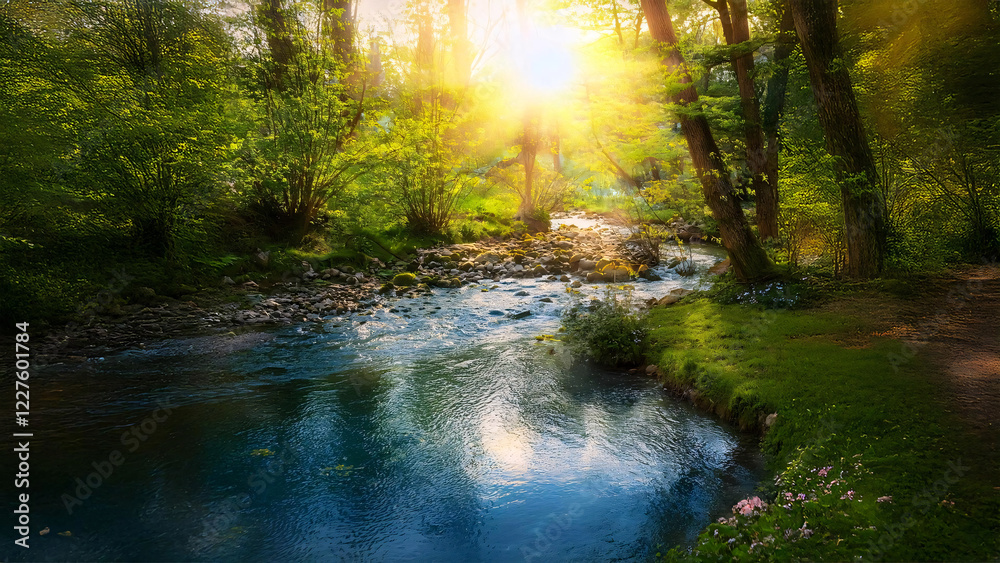 Obraz premium Magical Forest Stream at Golden Sunset