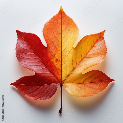 Autumnal Leaf: A vibrant, richly hued autumn leaf, showcasing a spectrum of reds and oranges, lies against a neutral backdrop, capturing the essence of fall's beauty.  photo