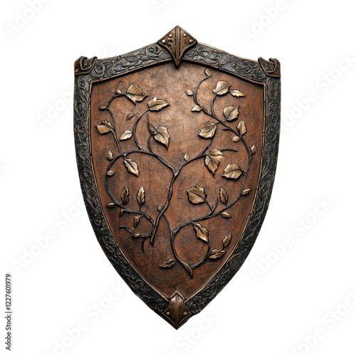 Elegant bronze shield adorned with intricate vine and leaf engravings, featuring a decorative frame, isolated on a transparent background. Perfect for fantasy and historical themes photo