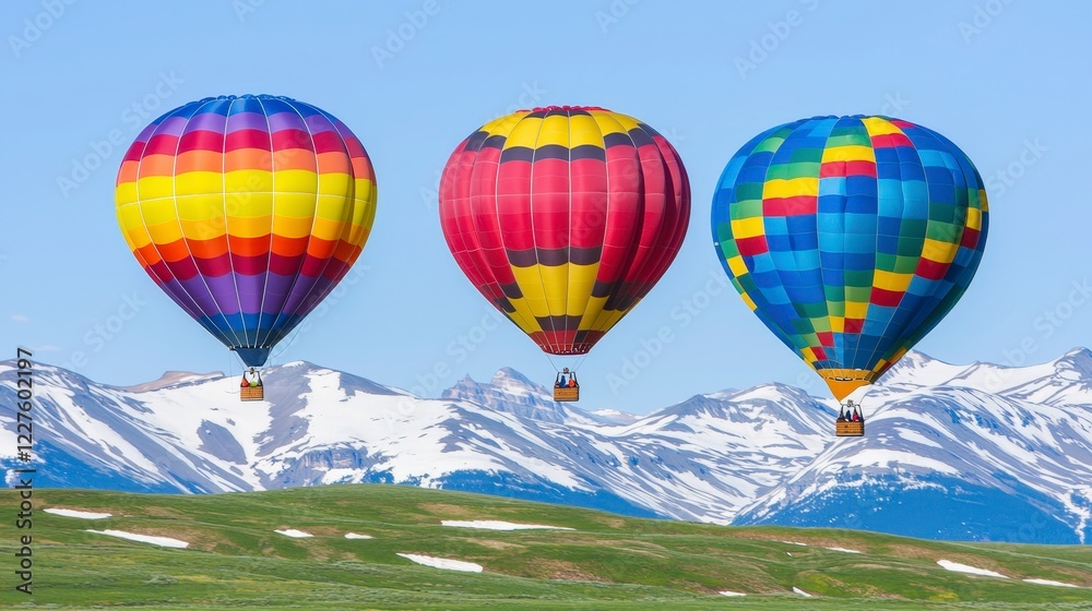 Naklejka premium Colorful hot air balloons flying over snow-capped mountains in daytime