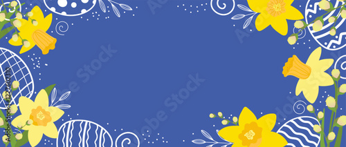 Happy Easter. Frame of outline eggs and yellow flowers and pussy willow twigs. Modern design style on blue background