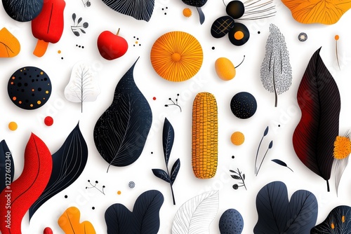 An artistic arrangement of abstract shapes, leaves, and fruits in vibrant colors, merging creativity with nature, evoking a sense of playfulness and exploration in design.