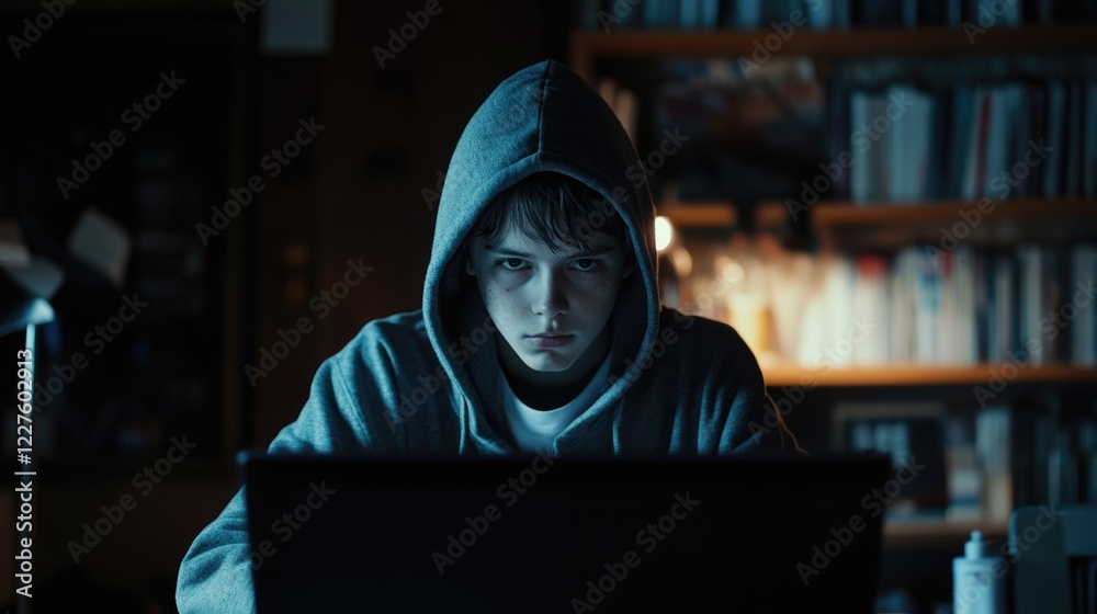 Teenage hacker in a hoodie intensely focused on a laptop, exploring dark web for cyber crime and hacking activities in a dimly lit room. Teenage hacker in a hoodie intensely focused on a laptop, exploring dark web for cyber crime and hacking activities in a dimly lit room.