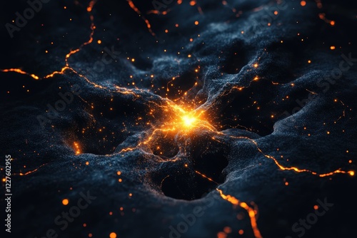 The image portrays an abstract design of fiery lights and cracks on a dark background, representing energy and transformation in a visually striking manner.