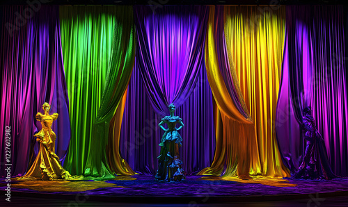 mardi gras fashion stage costume theatrical stage venice curtain yellow orange green violet purple color 4 march 2025 year celebration festival party event podium stage showcase present opera funny photo