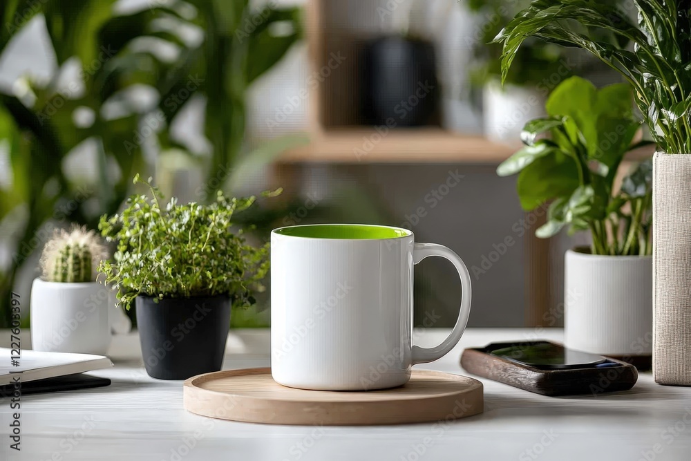 This appealing white mug with green highlights is artistically placed among a variety of houseplants, evoking feelings of warmth and homeliness.