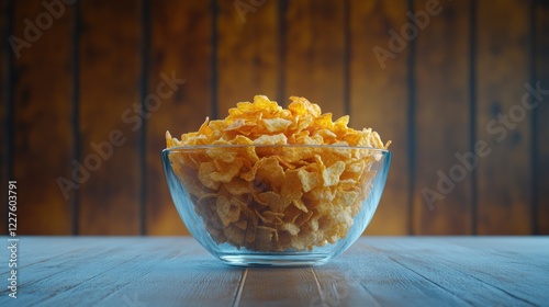 Honey Cornflakes Cereal in Clear Glass Bowl on Rustic Wooden Table Background with Warm Tones photo