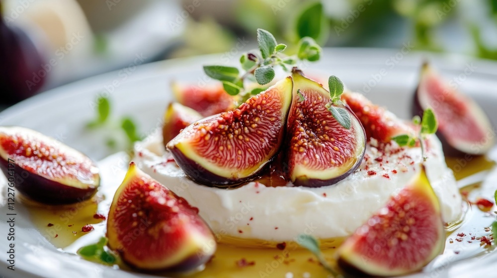 Honey drizzled yogurt with fresh figs on a white plate Healthy dessert idea Bright natural setting blurred background Honey drizzled yogurt with fresh figs on a white plate Healthy dessert idea Bright natural setting blurred background