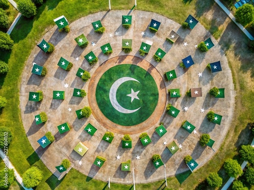 Aerial View of Pakistan Flags Arranged in Geometric Shapes: Round, Square, and Rectangular