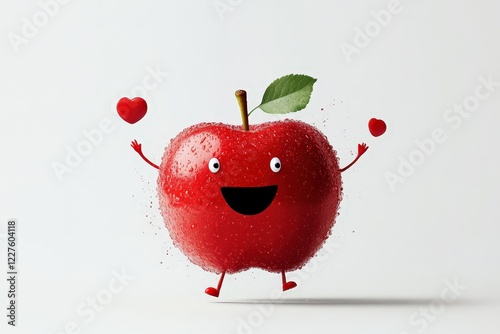 This vibrant red apple character, complete with arms and heart symbols, embodies joy and playfulness, showcasing a whimsical and cheerful aesthetic perfect for children's content.