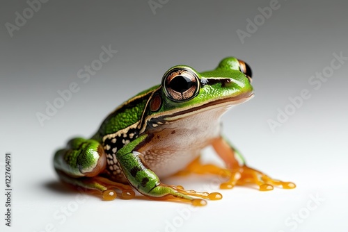 A close-up photograph of a vibrant green frog with intricate details, embodying the beauty of nature and showcasing the art of wildlife photography in a relaxed pose. photo