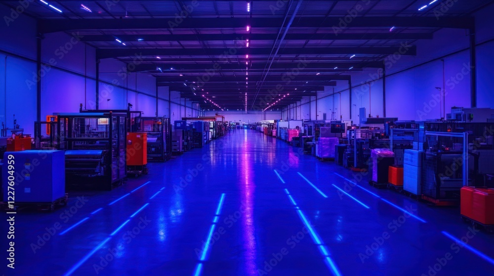 Fototapeta premium Futuristic Factory Interior: Neon Lights Illuminate Automated Production Line
