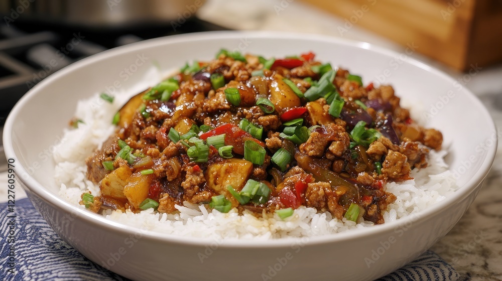 Szechuan Style Stir Fried Eggplant with Soy Sauce and Rice Vinegar Served Over Steamed Rice Garnished with Chopped Green Onions Szechuan Style Stir Fried Eggplant with Soy Sauce and Rice Vinegar Served Over Steamed Rice Garnished with Chopped Green Onions