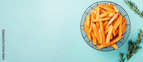 Homemade Sweet Potato Fries in Wire Basket with Fresh Rosemary on Light Blue Background for Culinary Highlights and Recipe Ideas photo