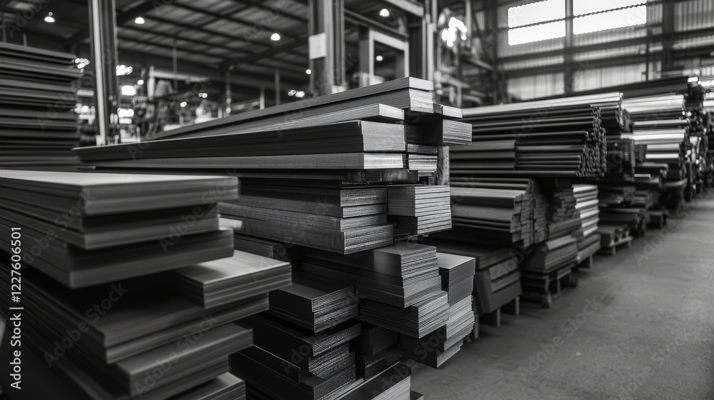 Stacks of steel sheets in a bustling industrial warehouse with machinery in the background Stacks of steel sheets in a bustling industrial warehouse with machinery in the background