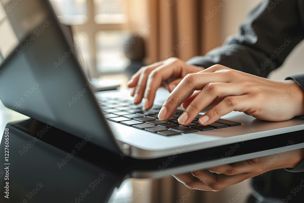 Close-up of Businessman Hands Typing on Laptop Computer Keyboard in Modern Office, Freelancer or Business Professional Working on Internet Connection Technology with Natural Light Reflection on Desk Close-up of Businessman Hands Typing on Laptop Computer Keyboard in Modern Office, Freelancer or Business Professional Working on Internet Connection Technology with Natural Light Reflection on Desk