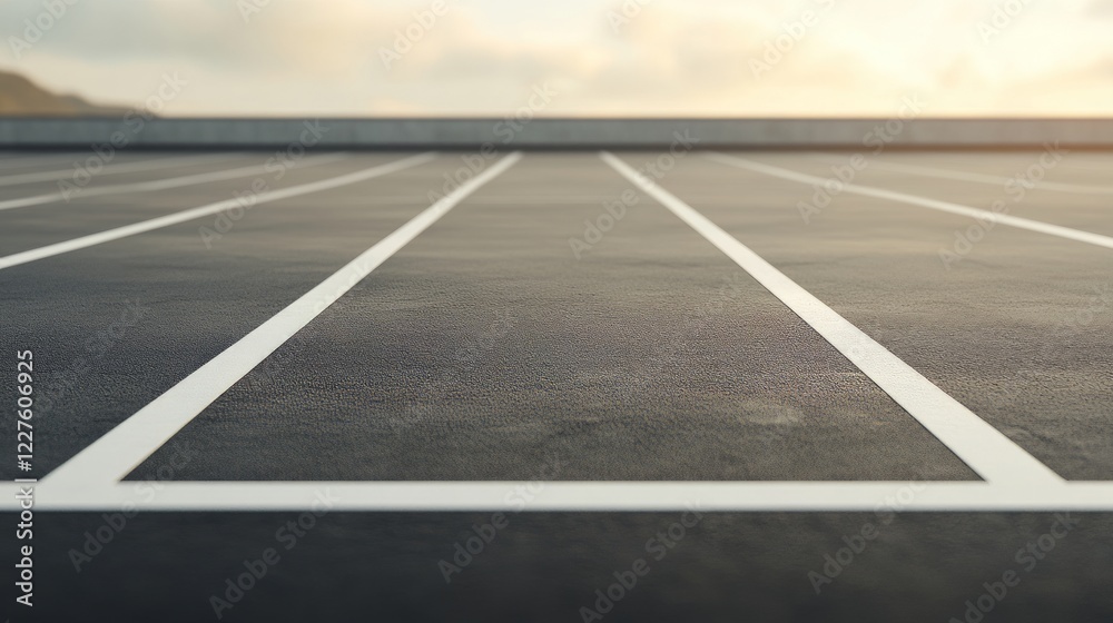 Sunset lit parking lot featuring crisp white lines marking empty spaces, symbolizing urban structure and anticipation of emerging opportunities
