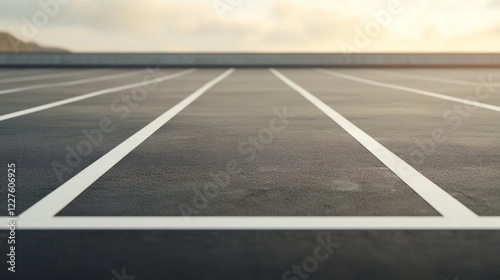Obraz na płótnie Sunset lit parking lot featuring crisp white lines marking empty spaces, symbolizing urban structure and anticipation of emerging opportunities w salonie
