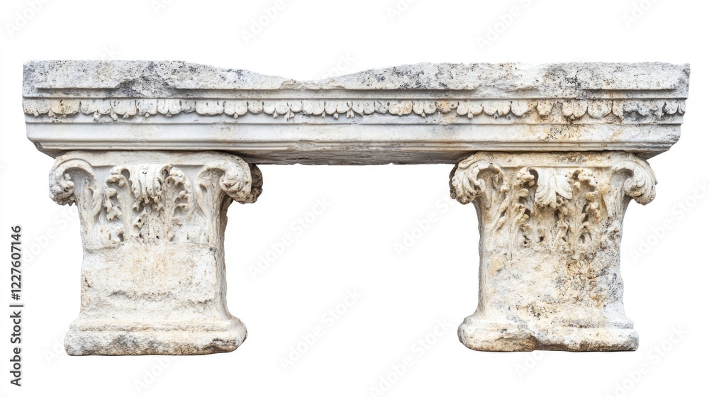 Fototapeta premium Ancient Greek marble tabletop with decorative elements showcasing intricate craftsmanship isolated on white for versatile text placement