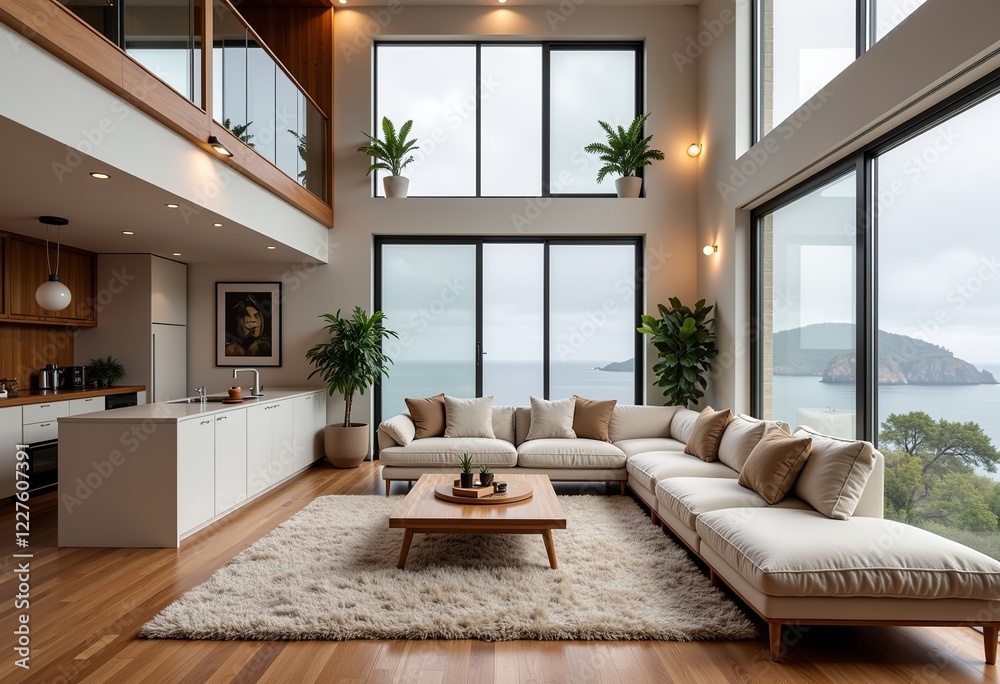 Fototapeta premium Modern White Living Room Interior, Plush Beige Sofas, Cloudy Exterior, Panoramic Ocean View, Minimalist Design, Open Kitchen, Wooden Details, Peaceful Atmosphere, No Text.