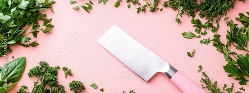 Elegant nakiri chef knife on a vibrant pink backdrop with fresh herbs, perfect for vegan food presentations and culinary creativity. photo