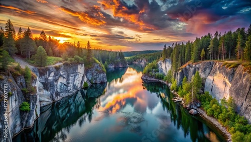 Aerial View of Ruskeala Marble Canyon, Karelia at Dusk - 4K Drone Photography photo