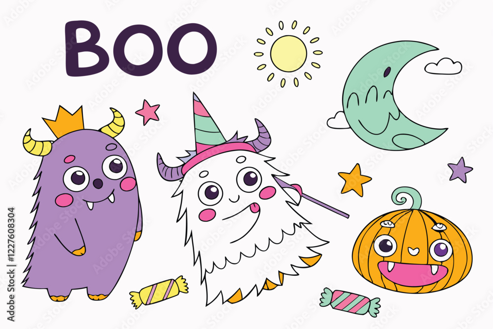 Obraz premium Cute cartoon monsters, colorful creatures, hand-drawn style, playful characters, various shapes and sizes, friendly expressions, purple, pink, blue, green, orange, yellow accents, fluffy textures, hor