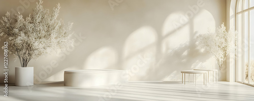 Minimalist studio, sunlit room, product display