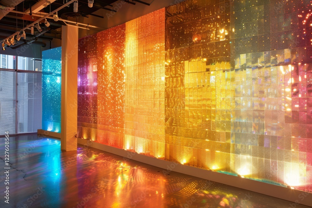 Obraz premium Vibrant sequin wall backdrop with colorful reflections in modern space