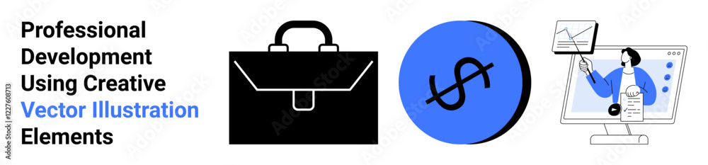 Black briefcase, dollar symbol, digital tools on the monitor. Ideal for finance, business strategy, career development, e-learning, online tools entrepreneurship digital marketing. Flat landing Black briefcase, dollar symbol, digital tools on the monitor. Ideal for finance, business strategy, career development, e-learning, online tools entrepreneurship digital marketing. Flat landing