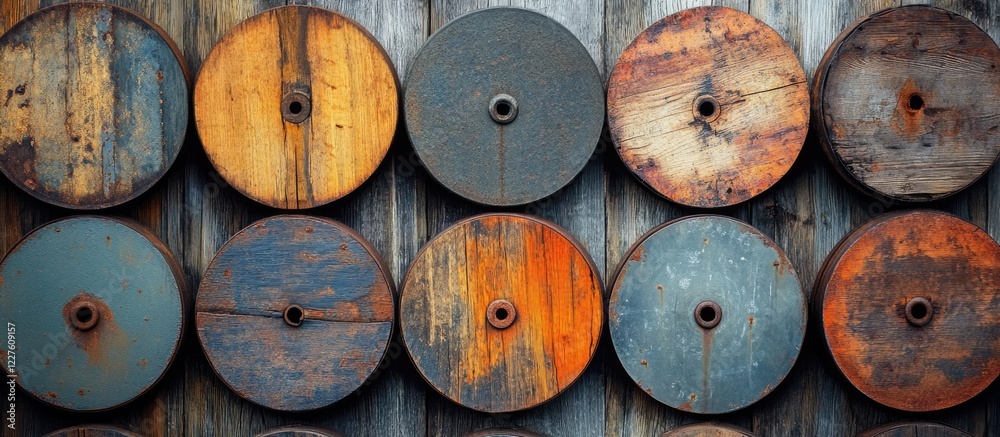 Wooden barrels with metallic hardness plates creating a unique texture and design, featuring ample copy space for marketing or text use. Wooden barrels with metallic hardness plates creating a unique texture and design, featuring ample copy space for marketing or text use.
