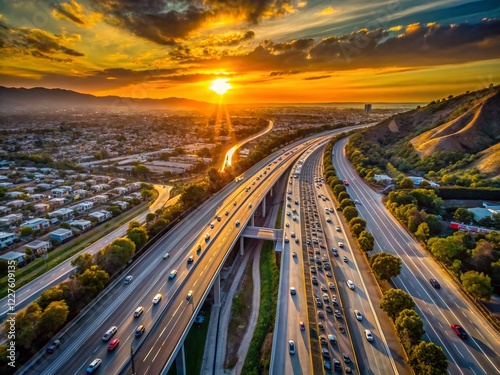 Aerial View of Southern California Freeway Traffic Jam at Sunset
