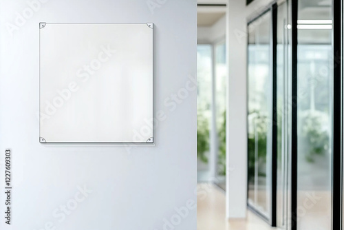 Nameplate Design Mockup on Door: 3D Render of Office Hall Interior with Sign on Cabinet Entrance