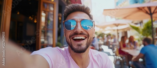 Young man smiling and taking a selfie with friends at an outdoor cafe enjoying a sunny day with reflection in sunglasses and empty space for text photo