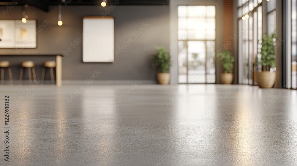Polished concrete floor reflecting lights in an empty modern office space with a bar counter, stools, a blank canvas, potted plants, and large windows overlooking a blurred cityscape