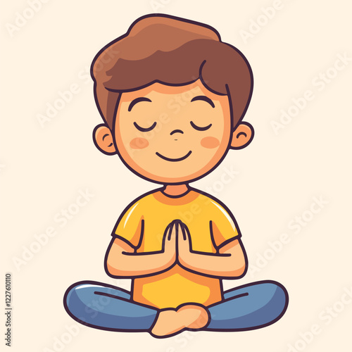 Young boy meditating in lotus position vector illustration
