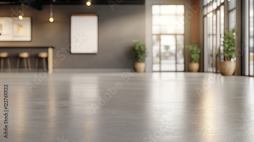 Obraz na płótnie Polished concrete floor reflecting lights in an empty modern office space with a bar counter, stools, a blank canvas, potted plants, and large windows overlooking a blurred cityscape w salonie