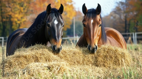 Horses grazing in a sunny pasture surrounded by autumn foliage enjoying fresh hay bales
