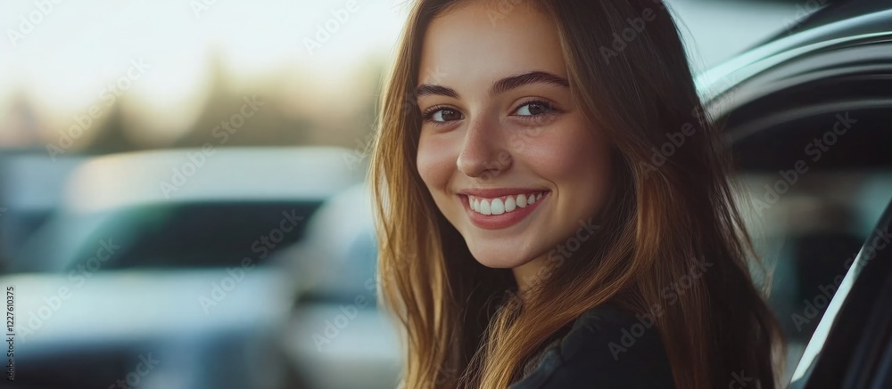 Smiling Young Woman at Car Dealership with Empty Space for Text and Vehicle Background Smiling Young Woman at Car Dealership with Empty Space for Text and Vehicle Background