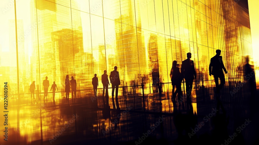Fototapeta premium Silhouetted Figures Against Urban Glass Buildings in Golden Light