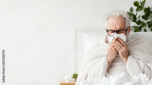 Sick man coughing in bed with a blanket wrapped around him, tissues scattered nearby, clean white background with ample copy space