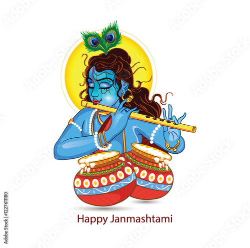 Illustration of happy Janmashtami Lord Krishna in Janmashtami festival of India with hindi calligra.