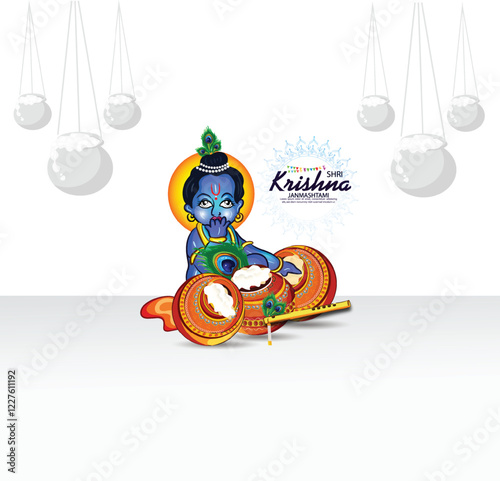 Illustration of happy Janmashtami Lord Krishna in Janmashtami festival of India with hindi calligra.