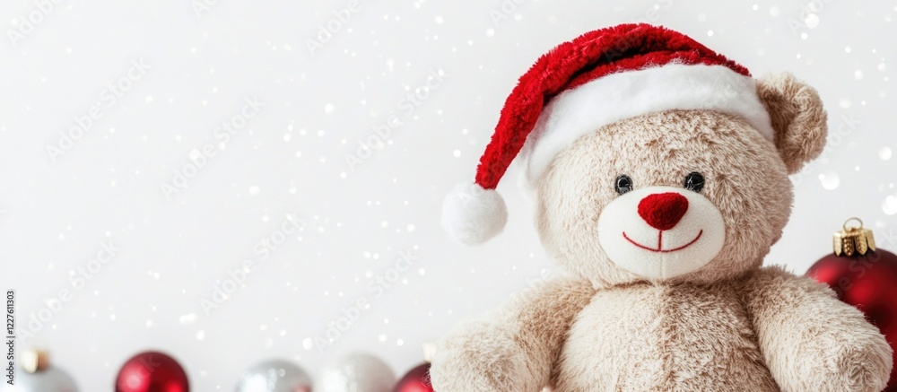 Teddy Bear Plush Toy in Christmas Hat on White Background with Decorative Ornaments and Empty Space for Text Teddy Bear Plush Toy in Christmas Hat on White Background with Decorative Ornaments and Empty Space for Text