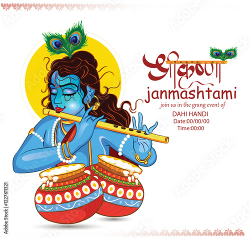 Illustration of happy Janmashtami Lord Krishna in Janmashtami festival of India with hindi calligra.