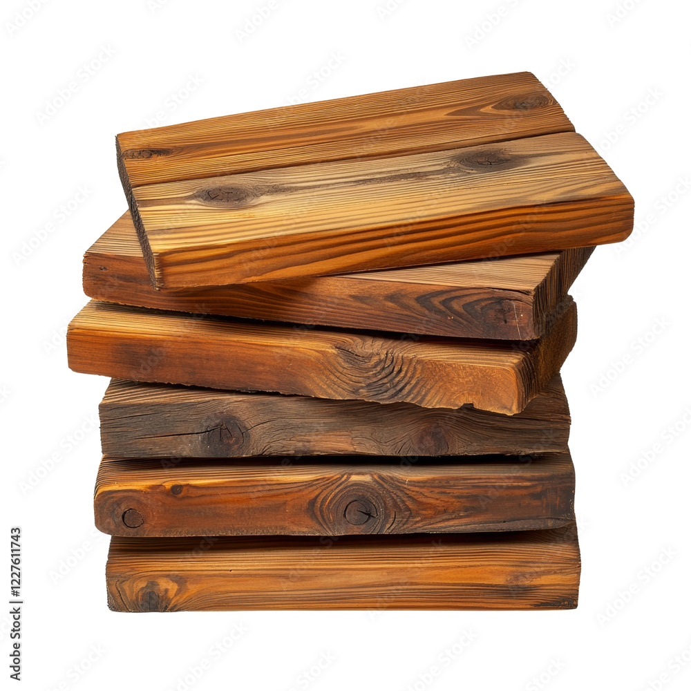 A stack of rustic brown wooden planks with visible grain and texture is isolated against a black background. A stack of rustic brown wooden planks with visible grain and texture is isolated against a black background.