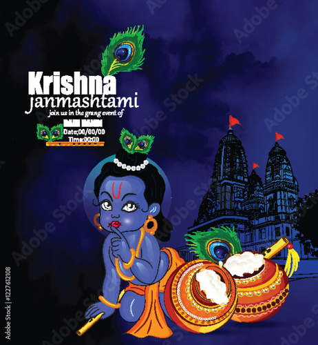 Illustration of happy Janmashtami Lord Krishna in Janmashtami festival of India with hindi calligra.
